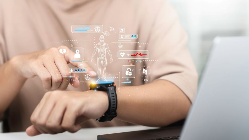 Man use smart watch for health care technology monitoring.