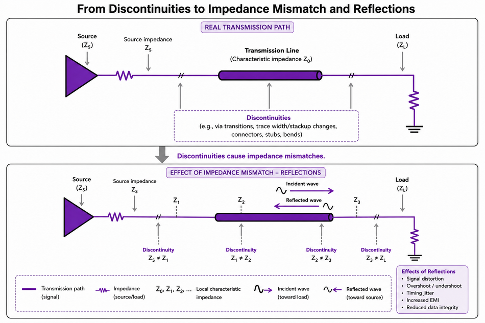 Discontinuities lead to impedance mismatch and reflections in transmission lines