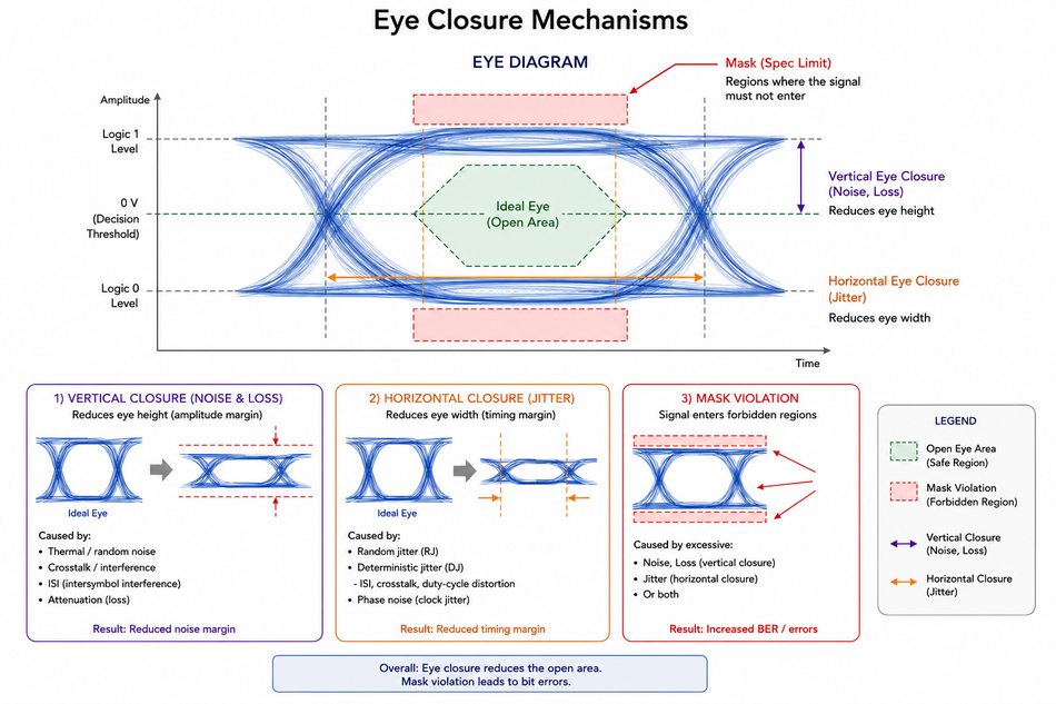 Eye closure mechanisms showing vertical closure from noise and loss, horizontal closure from jitter, and mask violation regions