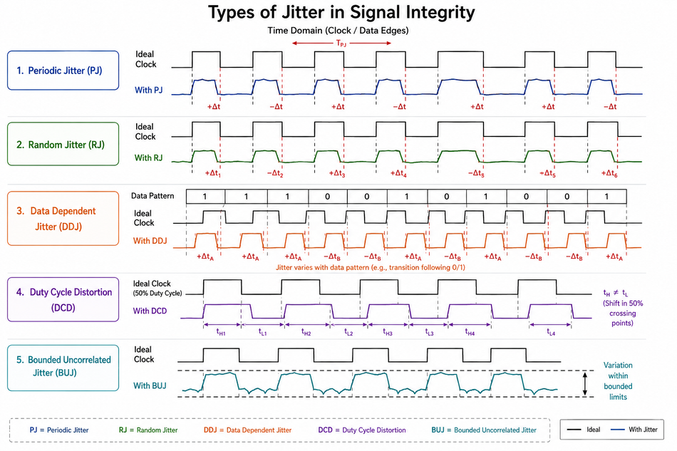 Waveforms for common types of Jitter