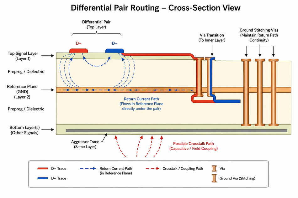 Cross-section of a differential pair over a reference plane, showing return current, via transition, ground stitching vias, and possible crosstalk path