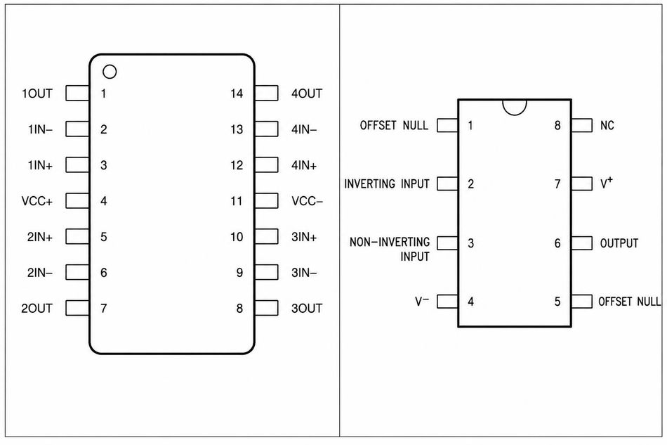 Pin configurations of LM324(left) and LM741(right).