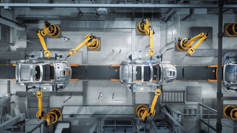 Automated Robot Arm Assembly Line Manufacturing Advanced High-Tech Green Energy EVs