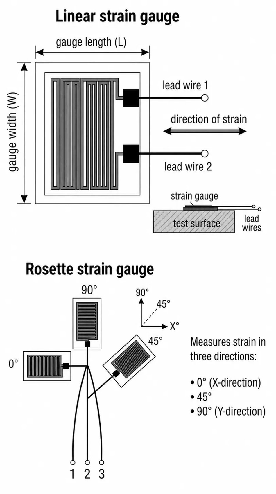 Linear and rosette strain gauges.