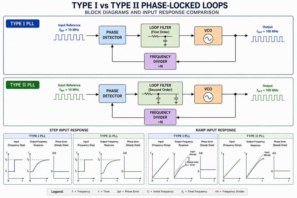 Comparison of Type-I vs Type-II PLLs and response to Step and Ramp Input