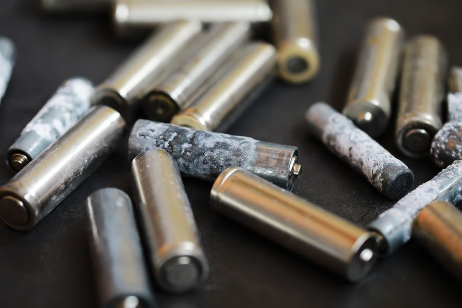 Corroded Alkaline Batteries on Dark Surface Highlighting Environmental Waste Challenges