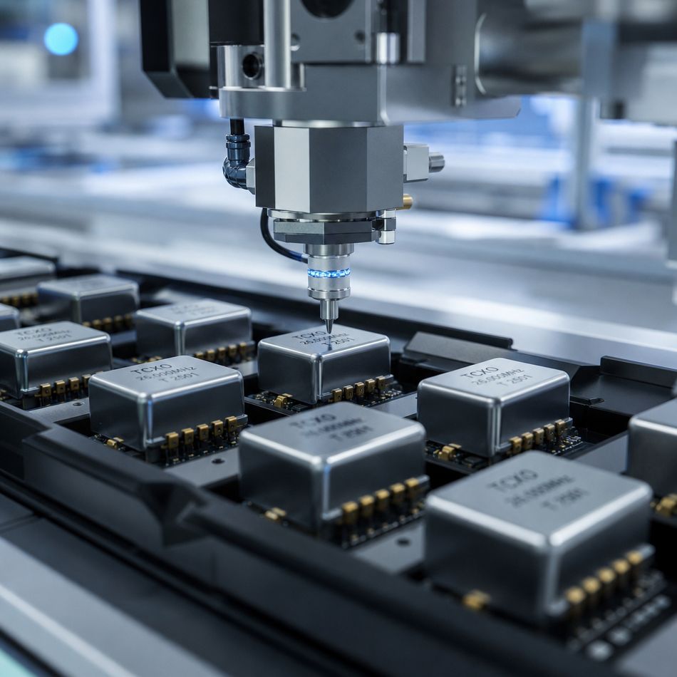 Automated manufacturing equipment tests and calibrates multiple metal-can temperature-compensated crystal oscillators (TCXOs) mounted on electronic circuit boards. A precision probe is positioned over one oscillator while additional TCXO modules are arranged in the production fixture.