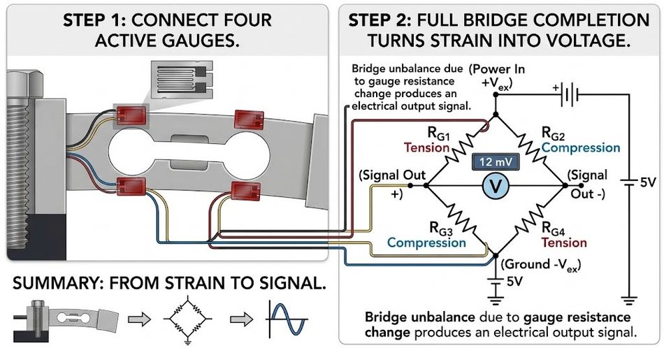 Strain - Changes Gauge Resistance - Wheatstone Bridge (Right Panel) Output
