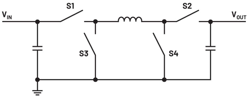 Figure 3: An example of a four-switch buck-boost power converter such as an LT3154 buck-boost DC-to-DC converter.