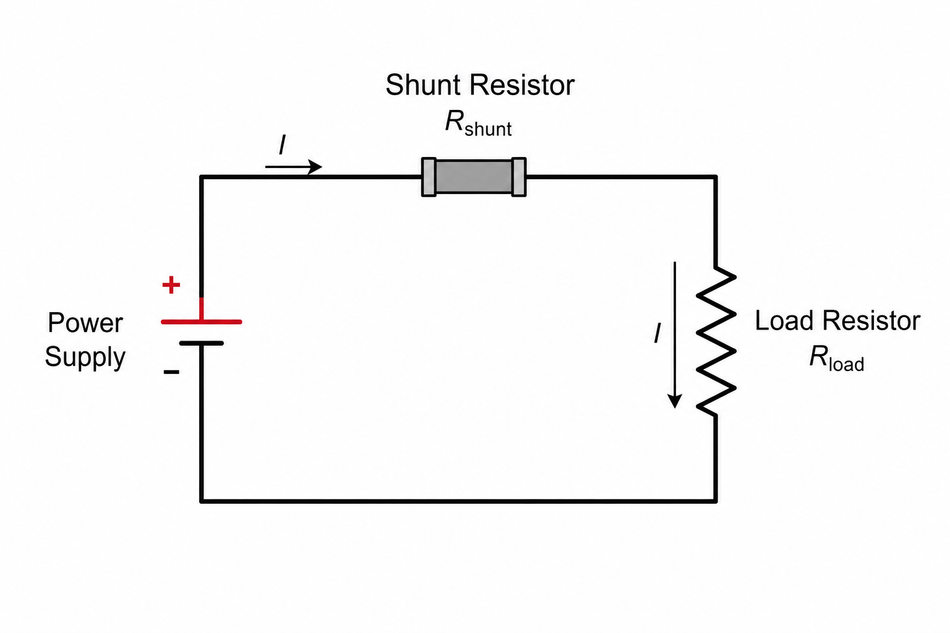 A basic circuit diagram of a shunt resistor connected with a load for current measurement