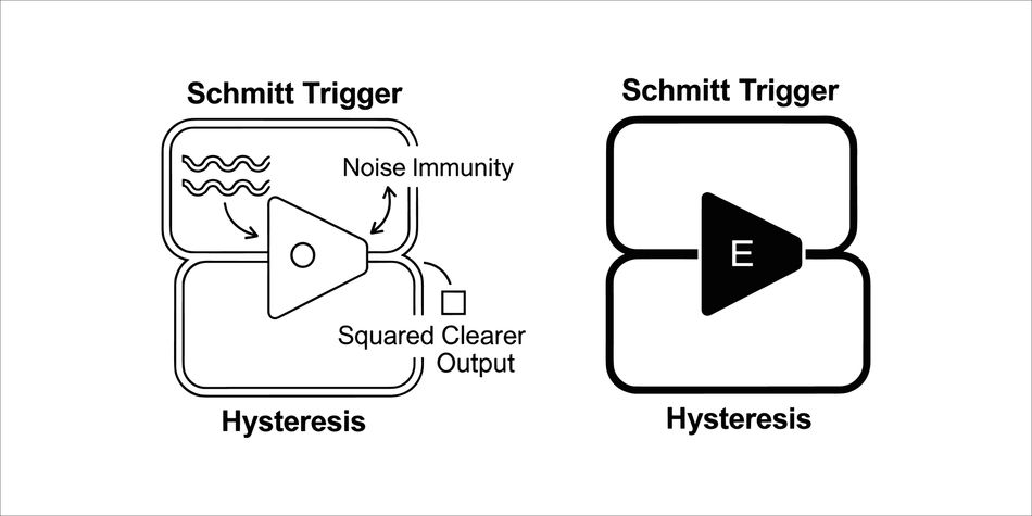 Schmitt trigger hysteresis diagram showing noise immunity, separated switching thresholds, and a clean digital output.