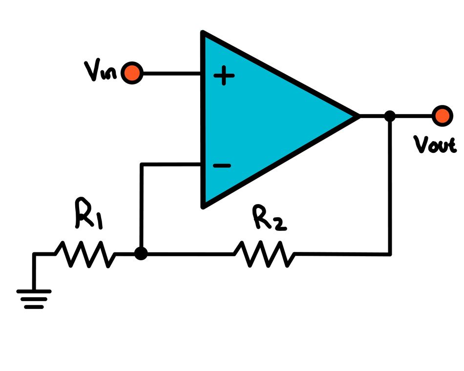 Non-inverting op-amp circuit with resistor feedback network illustrating conventional linear amplifier operation