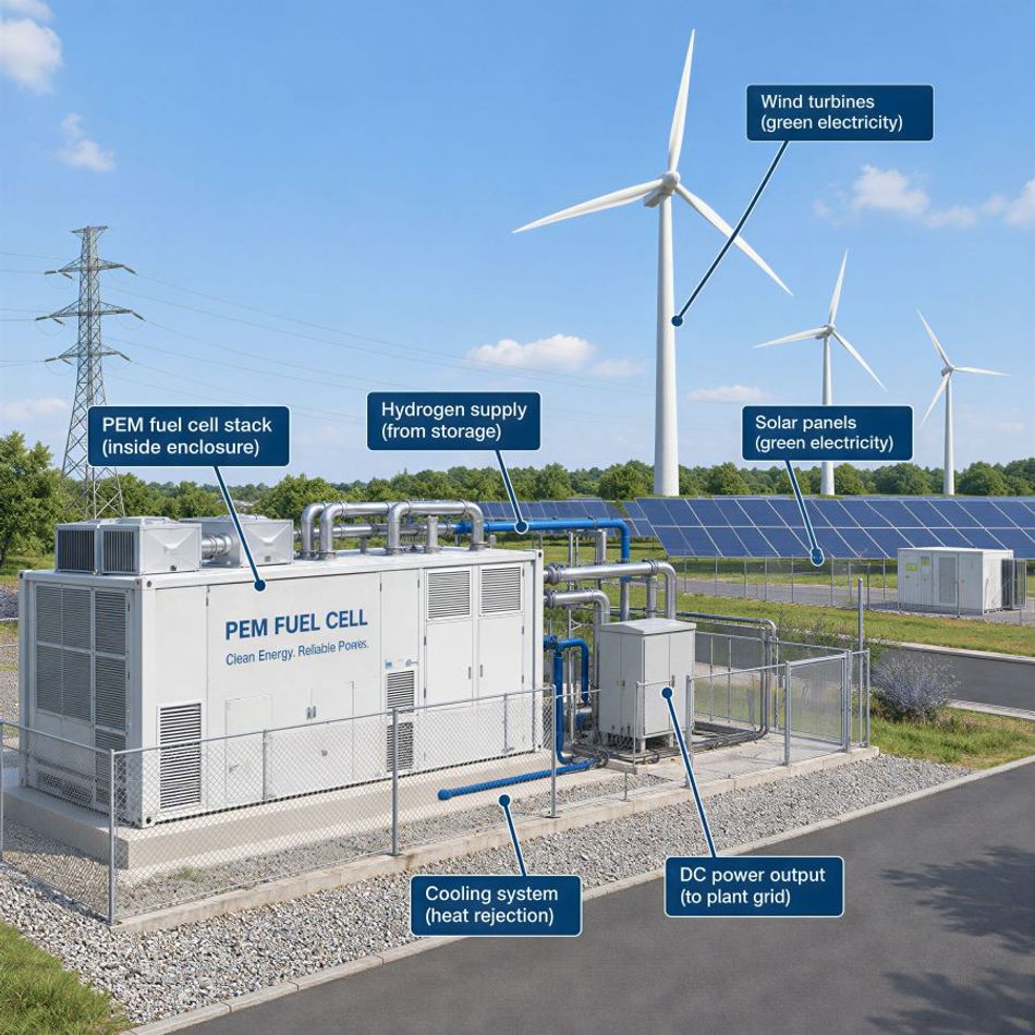 Illustration of a PEM Fuel Cell integrated with a green-energy power plant