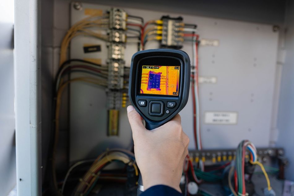Close-up of an infrared thermal camera displaying a thermal image during electrical equipment inspection, used to identify localized temperature increases that may indicate high contact resistance, overloaded connections, or other developing electrical faults. 