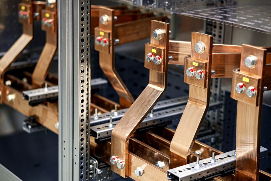 Close-up of multiple machined copper busbars with drilled mounting holes and stepped conductive sections, showing the solid metal components used to create low-resistance electrical paths for power distribution and connection within electrical equipment. 