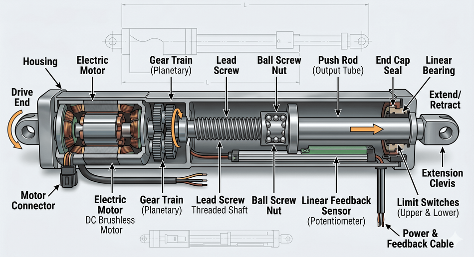 Cutaway View: Electric Linear Actuator Diagram; Source: Generated by Gemini