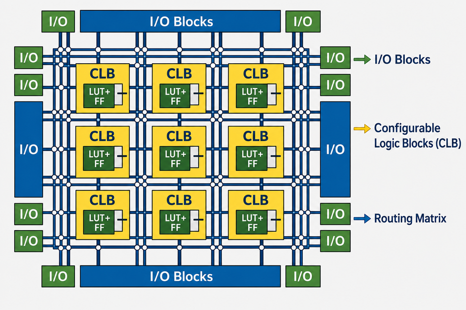 FPGA Architecture showing CLBs, Routing, and I/O Blocks