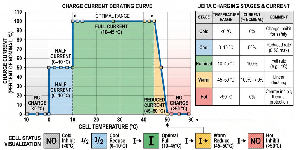 Charge Current Derating Curve vs Cell Temperature (JETA-Style Staging); Source: Generated by Gemini