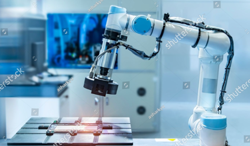A robotic arm inspecting parts of a mobile phone