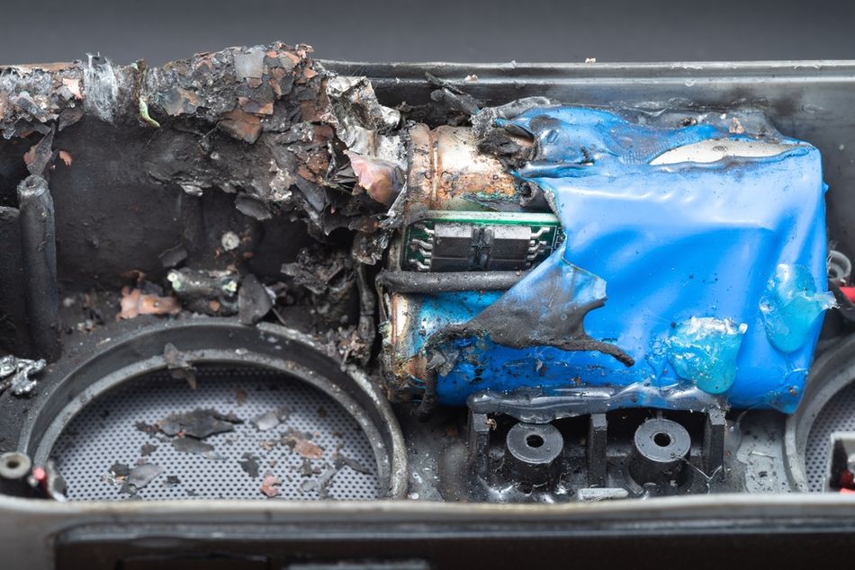 Leftovers of an exploded Li-ion battery due to thermal runaway