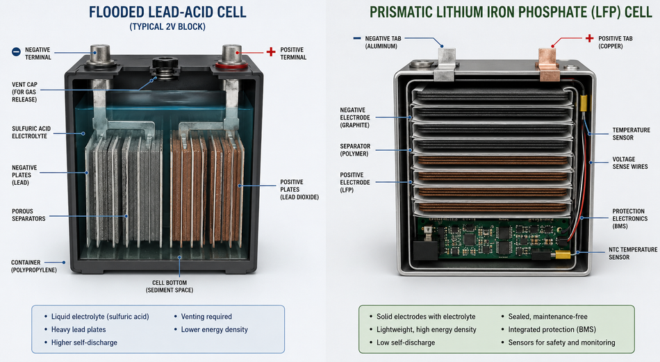 Comparison of internal structure of lead acid vs li ion battery