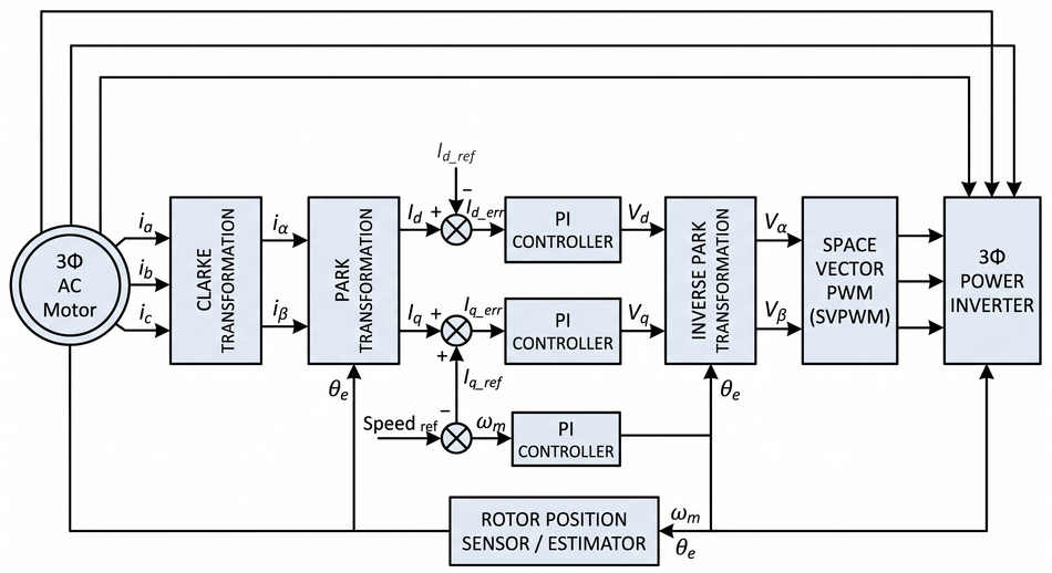 Block Diagram of a Field-Oriented Control (FOC) Loop for a Three-Phase AC Motor; Generated by Gemini