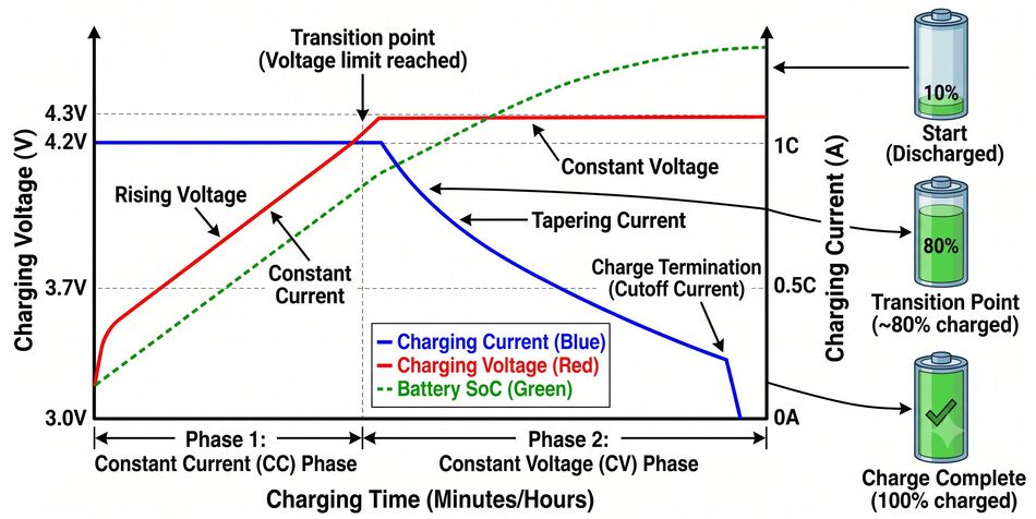 Typical Li-Ion CC-CV Charging Profile; Generated by Gemini