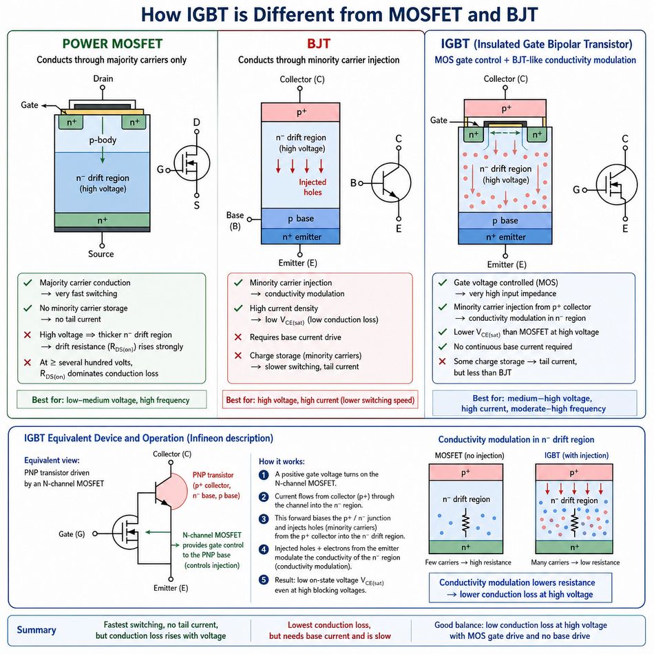 Illustration of how an IGBT is different from MOSFET and BJT