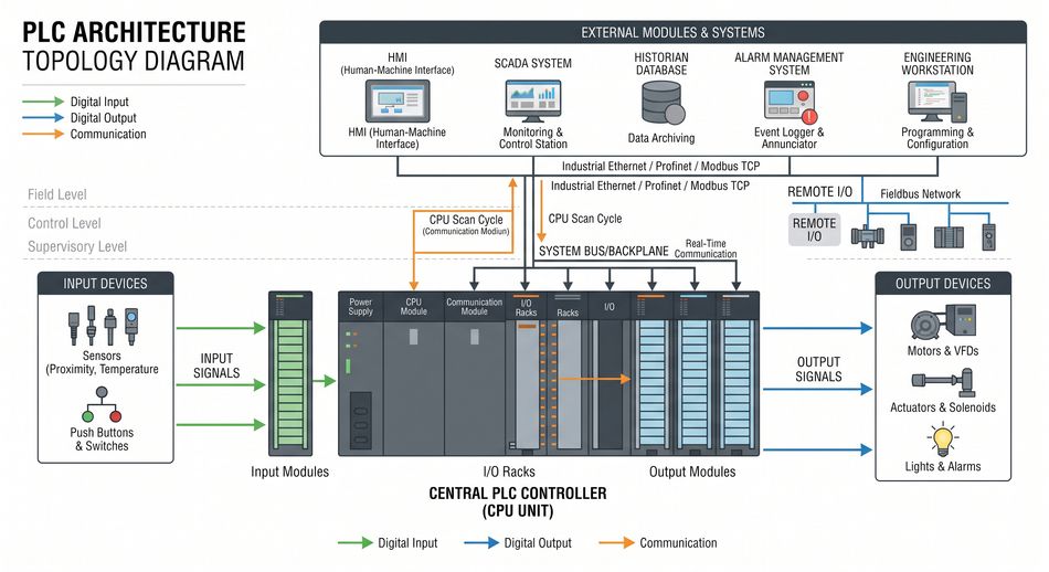 PLC Architecture Topology Diagram; Generated by Gemini
