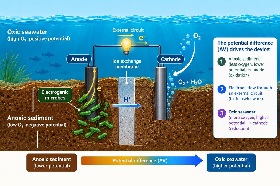 Illustration of Microbial fuel cell deployment for marine applications