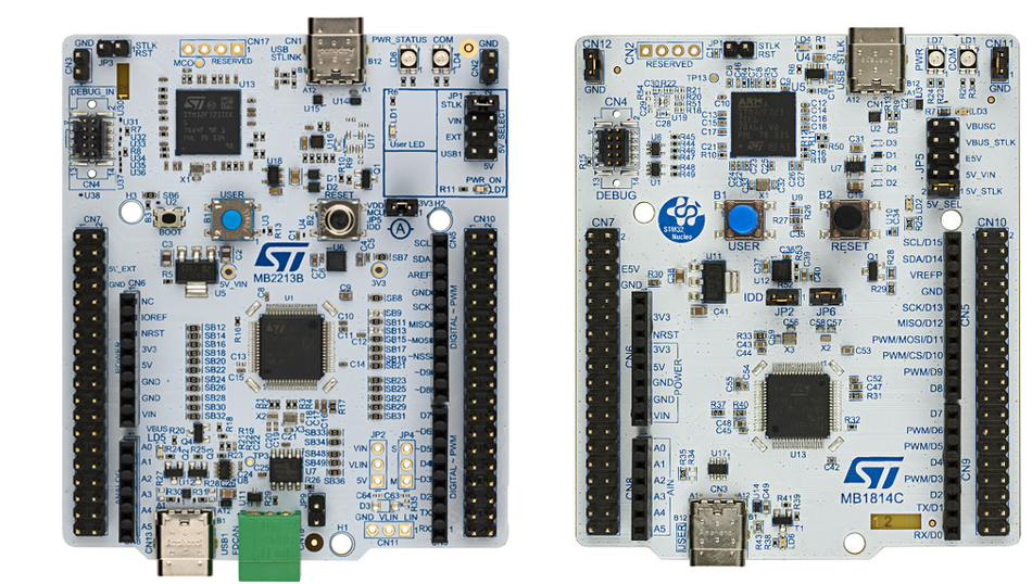 NUCLEO-C562RE (left) and NUCLEO-H533RE (right) examples.