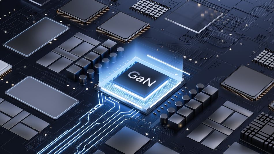 Digital illustration representing gallium nitride (GaN), a compound semiconductor with a band gap of approximately 3.4 eV at room temperature. GaN’s wide band gap and high critical electric field make it suitable for power electronic devices that operate at high voltages, switching frequencies, and temperatures. Applications include compact power converters, high-efficiency chargers, radio-frequency electronics, and light-emitting diodes (LEDs).