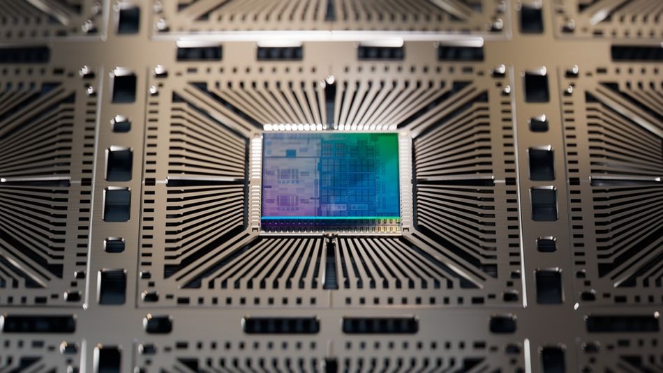Close-up illustration of a colorful silicon semiconductor die attached to a substrate during microchip manufacturing. The die is an individual piece of semiconductor material separated from a fabricated wafer and mounted onto a supporting substrate that provides mechanical support and electrical connections. This packaging stage helps integrate the semiconductor die into a functional electronic component for use in microprocessors, integrated circuits, and other electronic devices.