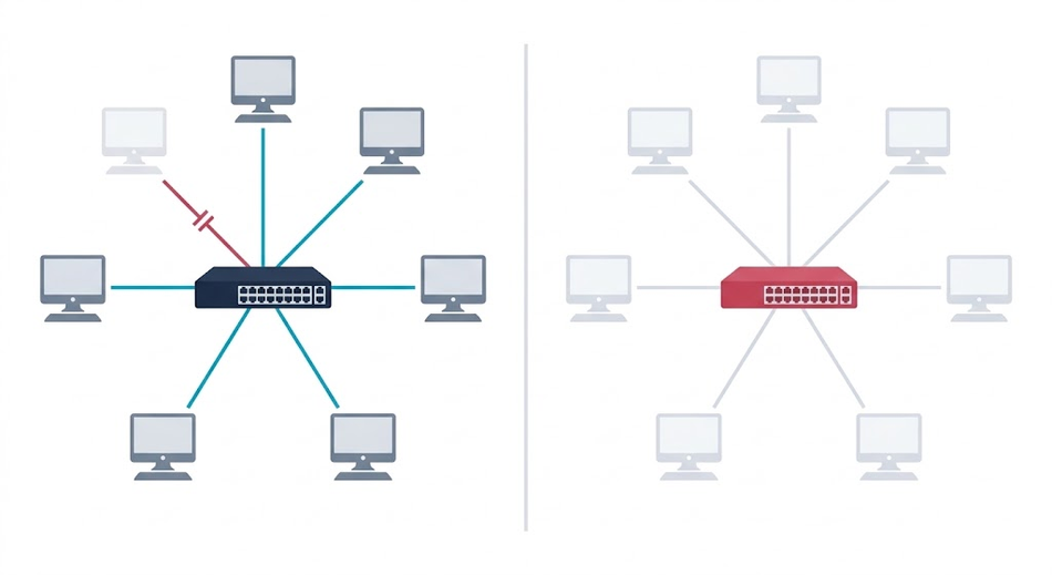 A broken link isolates only the node at its end. A failed central device takes the whole network down.