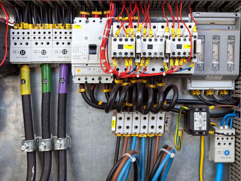 Industrial Electrical Control Panel containing Circuit Breakers, Contactors, Terminal Blocks, and Colored Phase-Coded Cables