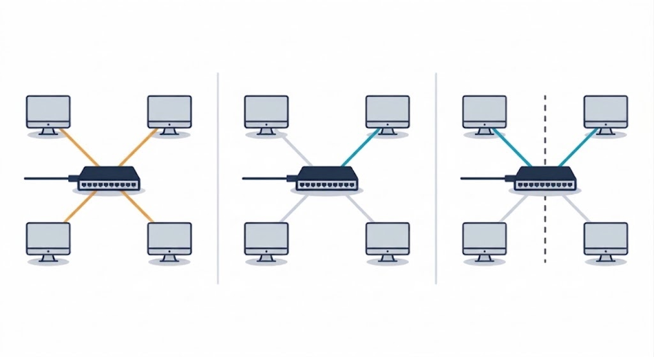 Hub, switch and router at the centre of the same star