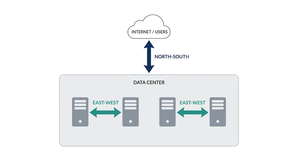 North-south traffic enters and leaves the data center; east-west traffic moves between servers inside it.