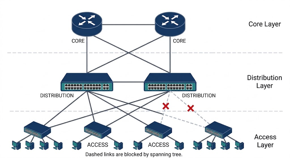 The three-tier architecture: access, distribution and core.