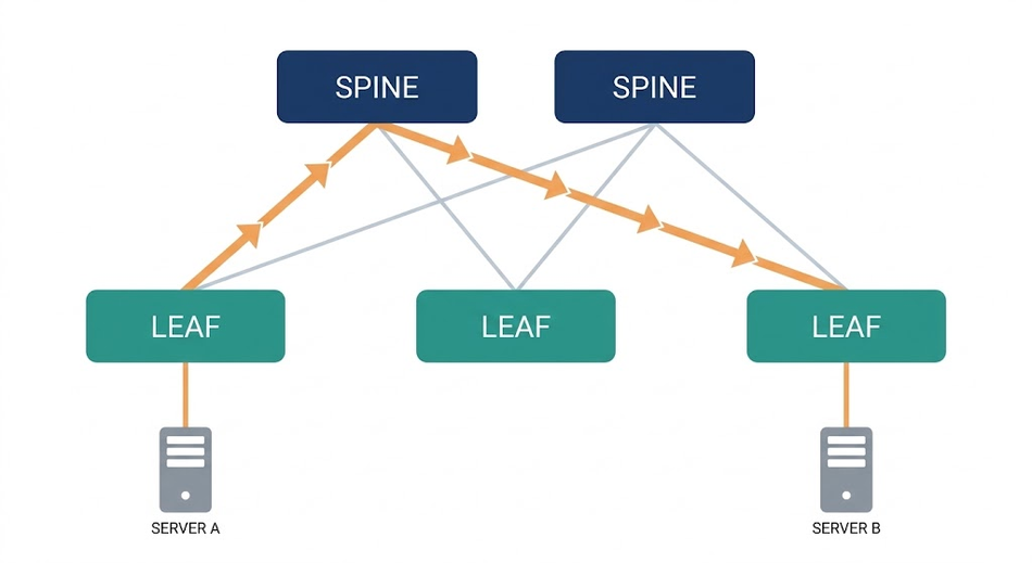 Any two servers on different leaves are the same distance apart: leaf, spine, leaf. Three devices, two hops, every time.