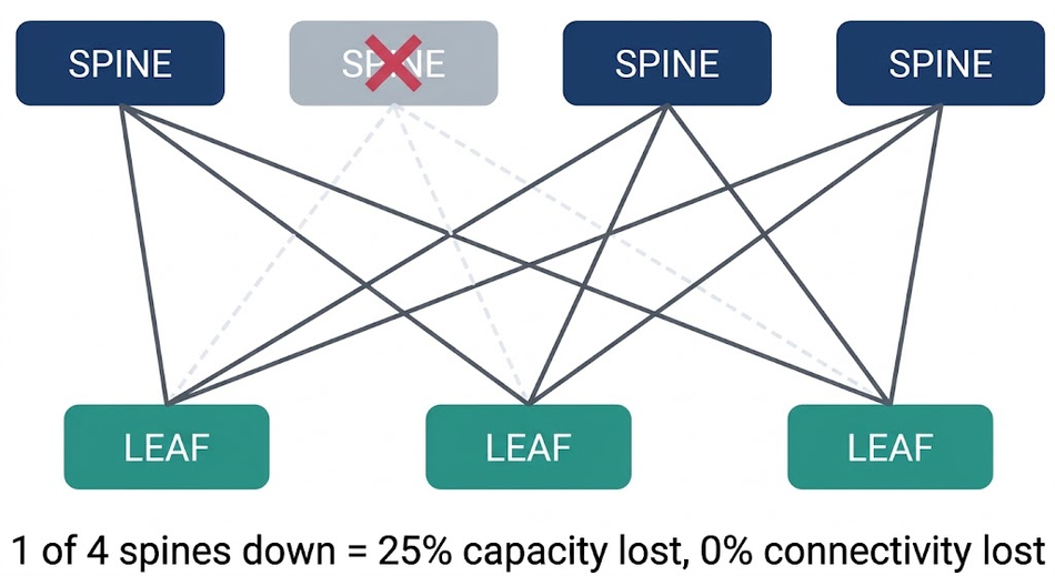 A spine failure costs capacity, not connectivity