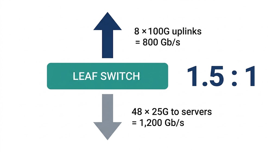 Oversubscription: 1,200 Gb/s of servers behind 800 Gb/s of uplinks.