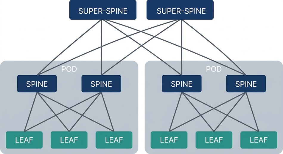 A 5-stage Clos: super-spines join two spine-leaf pods.