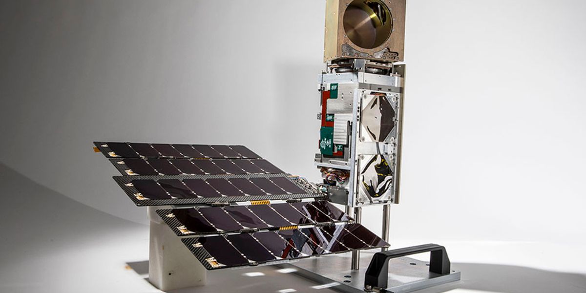 The TROPICS Pathfinder satellite, pictured here, was launched on June 30. The satellite body measures approximately 10 cm X 10 cm X 36 cm and is identical to the six additional satellites that will be launched in the constellation in 2022. The golden cube at the top is the microwave radiometer, which measures the precipitation, temperature, and humidity inside tropical storms. Credits:Image: Blue Canyon Technologies